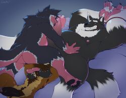 4_fingers 4_toes 5_fingers abs anthro ass balls balls_on_face balls_squish bed belly big_balls big_butt big_hands big_penis black_body black_fur black_penis black_tongue blue_eyes bondage bound canid canine canis chibsarts chiwolf claws erection feet finger_claws fingers fluffy fluffy_chest foreskin fur furniture genitals gloves_(marking) group gulonine hair huge_cock male male/male mammal mane markings marten musclegut muscular mustelid musteline nipples penis pubes red_body red_fur size_difference slightly_chubby squish squishing_belly toes tongue trio uncircumcised white_body white_fur white_hair wolf yellow_sclera