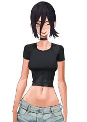 abs bangs black_hair black_shirt blue_jeans chainsaw_man choker crop_top cuaaaaack green_eyes light-skinned_female midriff reze_(chainsaw_man) smile sole_female tefiblum toned toned_female white_background