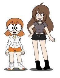 2girls belly belly_button bluejr duo emirichu eyebrows_visible_through_hair female_focus freckles full_body fully_clothed greeting gym_clothes happy illymation jacket jogging_pants looking_at_viewer open_mouth shirt shoes socks sportswear standing thighs youtube