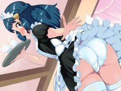 1girls ass blue_eyes blue_hair blush boris_(noborhys) bubble_butt clothed dawn_(pokemon) eye_contact female female_focus headdress human long_hair looking_at_viewer looking_back looking_down maid maid_headdress maid_uniform nintendo offscreen_character open_mouth panties plate pokemon pokemon_dppt skirt small_breasts solo solo_female thick_thighs tongue upskirt white_panties white_underwear wide_hips