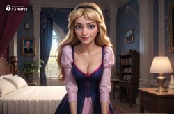 1girls ai_generated artist_name bed bedroom black_hairband blonde_hair blue_eyes breasts cleavage collarbone curtains disney disney_princess dress hairband hi_res indoors lamp lips long_hair long_sleeves looking_at_viewer medium_breasts nose pillow princess_eilonwy puffy_sleeves r34arts realistic smile solo the_black_cauldron window