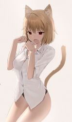 ahoge animal_ear_fluff animal_ears arcueid_brunestud black_panties blonde_hair blush breasts cat_ears cat_girl cat_tail cute_fang female highres looking_at_viewer melty_blood o_taku oerba_yun_fang panties paw_pose red_eyes shirt shirt_only short_hair simple_background tail thick_thighs thighs transparent_clothing tsukihime tsukihime_(remake) underwear white_shirt wide_hips