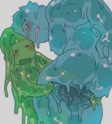 1boy anthro blue_eyes blush breasts brother_and_sister female goo_girl goo_guy green_eyes looking_back monster_boy monster_girl original siblings slime spread st05254