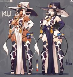 2girls character_request cow_print huge_breasts krokobyaka original original_character tagme witch witch_costume witch_hat