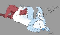 2019 anal anthro ass big_breasts biped blue_nipples breasts canid canine canis duo english_text eyewear female fish glasses grey_background hand_on_penis ice izzy223 lying male mammal marine nipples nude on_front on_top open_mouth oral penis rimming rippel_(izzy223) sex shark simple_background teeth text toes vivian_(donkles) wolf