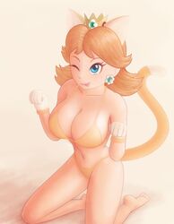 1girls :p barefoot belly big_breasts bikini blonde_hair blue_eyes breasts brown_hair cat_daisy cat_ears cat_tail catgirl cleavage crown feet female female_only huge_breasts human jewelry kneeling looking_at_viewer mario_(series) midriff nintendo one_eye_closed orange_bikini princess_daisy saf-404 safartwoks safartworks sideboob smile solo super_mario_3d_world super_mario_bros. swimsuit tail thick_thighs tongue tongue_out w_arms wide_hips