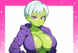 ai_generated alien alien_girl areola_slip cheelai dragon_ball dragon_ball_super green_body green_skin hoodie jacket large_breasts mullon novelai white_hair