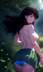 1girls ai_generated big_breasts black_hair blue_panties brown_eyes curvy curvy_female detailed_background female female_only forest holding_hands inuyasha kagome_higurashi long_hair looking_back nature nipples outdoors panties self_upload skirt smile solo stable_diffusion topless