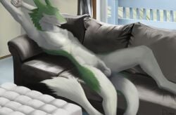 animal_genitalia anthro balls casual_nudity closed_eyes djano fully_sheathed fur furniture genitals green_body green_fur happy inside lying male nude on_back on_sofa paws pin_(pinpineapplepin) relaxing sergal sheath signature slim small_waist smile sofa solo stretching tail white_body white_fur