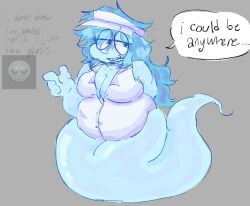 bbw belly belly_button big_breasts blue_body blue_hair chubby chubby_female cleavage connie_(dandy's_world) dandy's_world fat fat_woman fully_clothed ghost ghost_girl ghost_tail visor_cap