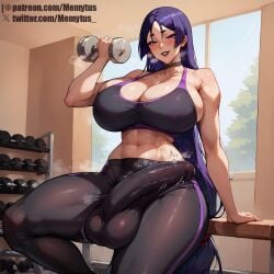 abs ai_generated bulge bulge_through_clothing erection erection_under_clothing fate_(series) futanari huge_balls huge_breasts huge_cock large_breasts leggings memytus milf minamoto_no_raikou_(fate) panting purple_eyes purple_hair smug solo solo_futa sports_bra steam sweaty thick_thighs throbbing_bulge venus_body venus_futa