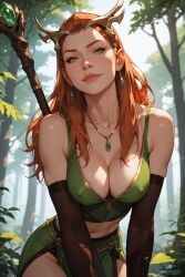 1girls ai_generated critical_role critical_role:_vox_machina druid female green_eyes keyleth looking_at_viewer nipples_visible_through_clothing no_bra no_panties red_hair sbsdv