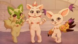 anthro bandai_namco blush breasts crossover digimon digimon_(species) disney felid feline female foogyakumo gatomon generation_9_pokemon genitals group hi_res mammal marie_(aristocats) nintendo nipples nude pokemon pokemon_(species) pussy smile sprigatito standing the_aristocats trio