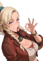 1girls ai_generated asking_for_it blonde_hair blowjob_face blowjob_gesture blue_eyes braid breasts capcom cleavage fellatio_gesture female female_only freckles freckles_on_breasts gemma_(monster_hunter_wilds) horny_female jacket large_breasts light-skinned_female light_skin looking_at_viewer monster_hunter monster_hunter_wilds naughty_face ponytail simple_background solo stable_diffusion tongue tongue_out video_game_character white_background