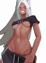 abs black_shirt bunny_ears cuaaaaack dark-skinned_male dark_skin midriff my_hero_academia rumi_usagiyama smile tan_body tan_skin tefiblum toned toned_female underboob white_background white_hair