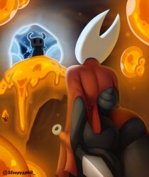 anthro arthropod arthropod_abdomen ass big_butt black_body black_eyes cloak clothing duo empty_eyes female hi_res holding_object holding_weapon hollow_knight hornet_(hollow_knight) insects low-angle_view male rear_view red_cloak red_clothing sleepyspirit team_cherry the_knight_(hollow_knight) thick_thighs weapon white_body wide_hips