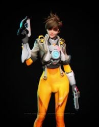 1futa 3d bodysuit bulge bulge_down_leg futa_only futanari gnome02 gun looking_at_viewer overwatch penis_outline skintight solo standing tracer