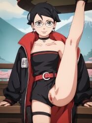 1girls ai_generated black_hair boruto:_two_blue_vortex female_focus glasses naruto naruto_(series) sarada_uchiha short_hair shounen_jump showing_off showing_pussy teenage_girl teenager weekly_shonen_jump young