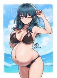 1girls beach big_breasts bikini blue_hair breasts byleth_(fire_emblem) byleth_(fire_emblem)_(female) cleavage female fire_emblem linea_nigra outie_navel pregnant rotomdocs solo