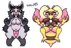 anthro big_penis big_tail black_hair breasts duo eyelashes eyeshadow female gdei generation_1_pokemon generation_3_pokemon genitals hair hi_res kadabra long_hair makeup mightyena multicolored_body multicolored_hair nintendo nipples penis pink_eyes pink_nipples pokemon pokemon_(species) slightly_chubby tail