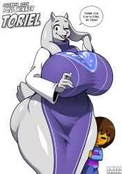 absurd_res anthro big_breasts biped boss_monster_(undertale) breasts breasts_bigger_than_head clothed clothing duo eyelashes female frisk hi_res huge_breasts larger_female lollipopcon looking_at_viewer one_eye_closed pupils size_difference smile thick_thighs toriel undertale undertale_(series) wink