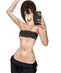 abs arms_up black_legwear brown_eyes brown_hair chainsaw_man cuaaaaack kobeni_higashiyama midriff mirror_selfie petite petite_body petite_female phone selfie sole_female tefiblum toned toned_female tubetop white_background