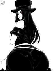 1boy androgynous ass ass_focus big_ass black_hair clothed guilty_gear guilty_gear_strive hat long_hair looking_back lughost male testament_(guilty_gear)