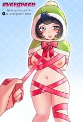 black_hair blue_eyes blush bondage brawl_stars dominant_pov evergreen_(artist) femsub janet_(brawl_stars) jolly_janet_(brawl_stars) ribbon ribbon_bondage ribbon_leash