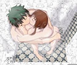 1boy 1girls barefoot big_breasts canon_couple completely_nude completely_nude_female cute female full_body groping groping_ass hand_on_butt izuku_midoriya kissing large_breasts loving_couple male my_hero_academia naked naked_female nude nude_female ochako_uraraka shower straight tagme_(artist) unknown_artist wholesome