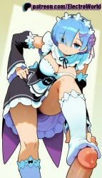 1boy 1girls ai_generated blue_eyes blue_hair breasts cock curvaceous curvy curvy_body curvy_female electroworld female female_focus female_only foot_fetish footjob genitals highres inviting_to_sex leg_up maid maid_dress maid_outfit maid_uniform penis re:zero_kara_hajimeru_isekai_seikatsu rem_(re:zero) seductive seductive_look seductive_pose shiny_skin short_hair solo solo_female stepped_on uncensored vein veins veiny_penis voluptuous voluptuous_female