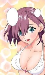 2.5_jigen_no_ririsa amano_ririsa bare_shoulders big_breasts bikini blue_eyes blush breasts cleavage collarbone hashimoto_yuu manga official_art open_mouth purple_hair short_hair smile upper_body white_bikini