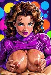 1ambiguous 1girl ai_generated blue_eyes brown_hair brunette faceless_ambiguous heather_langenkamp large_breasts large_tits oiled oiled_breasts paizuri pierced_ears piercings pov purple_lipstick sweater titjob turtleneck turtleneck_sweater