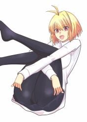 1girls ahoge arcueid_brunestud ass ass_focus black_pantyhose blonde_hair grabbing_own_ass hugging_own_legs jpeg leg_lift melty_blood no_shoes open_mouth pantyhose presenting presenting_hindquarters presenting_pussy pussy short_hair simple_background smile sweater thick_thighs thighs tsukihime tsukihime_(remake) turtleneck_sweater type-moon white_sweater