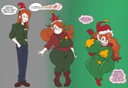 antenna ass_expansion bodysuit boots breast_expansion christmas christmas_elf dialogue elf elf_ears erect_nipples_under_clothes faetomi femsub forced_employee gravity_falls green_eyes hair_growth hat heterochromia huge_breasts hypnotic_clothing kaa_eyes latex long_hair multicolored_eyes navel open_mouth pants pasties red_eyes red_hair santa_hat sharp_teeth shirt shortstack shrinking smile speech_bubble tagme text transformation very_long_hair wendy_corduroy wide_hips