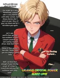 1boy ai_generated bangs bishoujo_senshi_sailor_moon black_neckwear blonde_hair blue_eyes blush closed_mouth clothing collared_shirt crossed_arms english_language english_text female formal green_necktie green_pants grey_eyes haruka_tenou jacket long_sleeves looking_at_viewer male necktie neckwear pants reverse_trap sailor_moon_(series) sailor_uranus school_uniform shirt short_hair sitting solo suit tenou_haruka text uniform white_shirt wodstudio