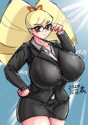 big_breasts blonde_hair business_suit drill_hair fully_clothed glasses huge_breasts large_breasts luna_platz mega_man mega_man_star_force shirogane_luna sirakuroyamiri smile suit twintails voluptuous