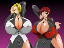 2girls bending_forward bending_over bent_forward bent_over big_breasts blonde_hair breasts brown_hair busty cleavage clothed curvaceous curvaceous_female curvy curvy_female dress giant_breasts huge_breasts kaimanwanio king_of_fighters large_breasts long_hair looking_at_viewer mature_(kof) necklace nipple_bulge pov seductive seductive_look short_hair soft_breasts standing vice_(kof) voluptuous voluptuous_female