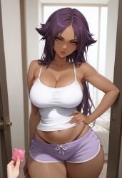 1boy 1girls ai_generated annoyed bed bedroom big_breasts big_thighs bleach camisole condom_wrapper curvy hand_on_hip holding_condom long_hair pov purple_hair shihouin_yoruichi shorts standing thong yellow_eyes