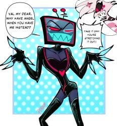 angel_dust_(hazbin_hotel) hazbin_hotel latex latex_clothing latex_legwear latex_leotard latex_suit latex_thighhighs legwear leotard male_focus male_only object_head pinksartdump thighhighs tv_head vox_(hazbin_hotel)