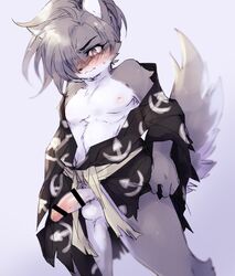 anthro balls blush clothing fur girly hair hi_res htg92_(artist) male mammal nipples penis solo solo_male