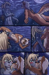 2019 anthro ass bathing bedroom_eyes black_nose blonde_hair blue_eyes blush breast_squish breasts breasts_frottage brown_fur bubble butt_grab camp_pines canid canine canis chest_tuft closed_eyes comic convenient_censorship coyote dripping duo female flat_chested forest fur grey_fur grope hair half-closed_eyes hand_on_butt heresy_(artist) jensca kimber kissing lesbian long_hair mammal moon navel night nude outside pier romantic romantic_ambiance romantic_couple seductive short_hair shy skinny_dipping slim smile star swimming tree tuft underwater water wet white_hair wolf yellow_eyes yuri