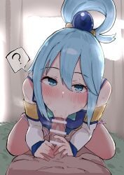 1boy :>= ? aqua_(konosuba) bar_censor bare_shoulders blue_eyes blue_hair blush breasts censored detached_sleeves fellatio female highres kobinbin kono_subarashii_sekai_ni_shukufuku_wo! looking_at_viewer navel oral penis pov spoken_question_mark straight sweat