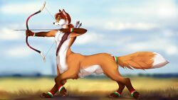 4_toes 5_fingers animal_genitalia brown_hair canid canine day detailed_background fox fur green_eyes hair holding_object holding_weapon lycangel male male_only mammal orange_fur outside pawpads sheath sky solo solo_male taur toes weapon