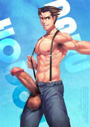 abs armpit_hair brown_eyes brown_hair denim erection gyakuten_saiban hairy_testicles jeans kaworu kaworu_(artist) looking_away male_only naruhodou_ryuuichi nipples pants penis pubic_hair simple_background smile spiked_hair teeth testicles