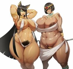 2girls abs areolae barefoot bastet bbw big_breasts bra breasts chubby chubby_female dark-skinned_female dark_skin deity donaught egyptian_mythology female female_only goddess hathor huge_ass huge_breasts large_breasts looking_at_viewer muscular_female naughty_face nipples panties pubic_hair seductive seductive_smile smile strongfat thick_thighs third-party_edit venus_body voluptuous wide_hips