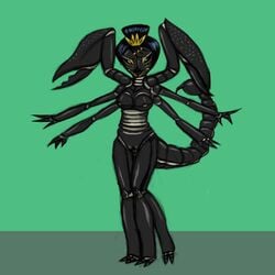 2016 2_toes 3_fingers 4_legs 6_arms abdomen anthro arachnid arthropod biped black_abdomen black_exoskeleton black_eyes black_hair black_pussy blush breasts claws colored_sketch crown embarrassed emperor emperor_scorpion exoskeleton eyelashes eyeshadow female flustered front_view full-length_portrait green_background hair hair_accessory hair_bun lipstick lonelyworld long_abdomen makeup mandibles medium_breasts multi_eye multicolored_exoskeleton nipples non-mammal_breasts nude open_mouth open_smile pincers portrait pseudo_pupils pussy royalty scorpion scorpion_tail scorpionid sharp_teeth short_hair shy simple_background smile solo spread_arms standing stinger teeth toes two_tone_abdomen two_tone_exoskeleton white_abdomen white_exoskeleton white_nipples yellow_blush yellow_eyeshadow yellow_lipstick