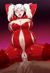 1boy ahe_gao ann_takamaki atlus blonde_hair blue_eyes bodysuit breasts breasts_out broken_rape_victim cowgirl_position cum cum_in_pussy cum_inside female heart-shaped_pupils human large_breasts large_penis lexorez male mascara megami_tensei pale_skin penis persona persona_5 phantom_thief_suit precum pregnant ready_to_pop sega veiny_penis zipper