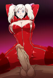 1boy ann_takamaki atlus blonde_hair blue_eyes bodysuit breasts breasts_out cowgirl_position female human imminent_rape large_breasts large_penis lexorez male megami_tensei pale_skin penis persona persona_5 phantom_thief_suit precum sega veiny_penis zipper