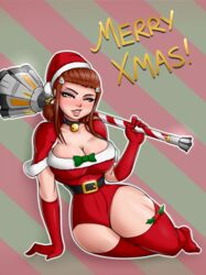 1girls 2d aplanningduo breasts brigitte christmas cleavage clothed female female_only full_body holidays human large_breasts overwatch solo