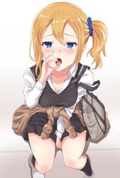 1girls bag black_legwear blonde_hair blue_eyes blush fellatio_gesture gyaru hayasaka_ai heckler_kai kaguya-sama_wa_kokurasetai_~tensai-tachi_no_renai_zunousen~ kogal looking_at_viewer oral_invitation saliva school_uniform shoe side_ponytail sitting tongue tongue_out